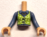 Torso Mini Doll Girl Lime Vest with Yellowish Green Spots, Gold Necklace and 2 Buttons over Sand Blue Blouse Pattern, Medium Tan Arms with Hands with Sand Blue Long Sleeves