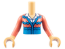 Torso Mini Doll Girl Coral Cardigan Sweater with Dark Azure Wavy Stripes and Trim over White Shirt Pattern, Medium Tan Arms with Hands with Coral Long Sleeves