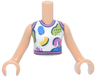 Torso Mini Doll Girl White Tank Top with Dark Pink Trim, Black Lines and Dots and Blue, Lime and Yellow Shapes Pattern, Medium Tan Arms with Hands