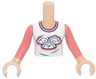 Torso Mini Doll Girl White T-Shirt with Dumplings / Sleeping Faces, Coral and Dark Blue Trim Pattern, Medium Tan Arms with Hands with Coral Long Sleeves