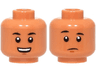 Minifigure, Head Dual Sided Black Eyebrows, Dark Orange Chin Dimple, Open Mouth Smile with Top Teeth / Raised Eyebrow and Frown Pattern
