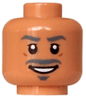 Minifigure, Head Dark Bluish Gray Eyebrows, Moustache and Goatee, Black Eyes and Open Mouth Smile with White Teeth, Dark Orange Cheek Lines Pattern