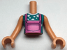 Torso Mini Doll Girl Dark Pink Overalls over Dark Turquoise and White Polka Dots T-Shirt Pattern, Nougat Arms with Hands