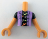 Torso Mini Doll Girl Medium Lavender Jacket over Black T-Shirt with Coral, Yellowish Green and Metallic Pink Pixellated Shapes Pattern, Nougat Arms with Hands with Black Short Sleeves