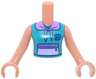Torso Mini Doll Girl Dark Turquoise Sleeveless Hoodie with Lavender Pocket, Medium Lavender Hood, Black and Blue Badge Pattern, Nougat Arms with Hands
