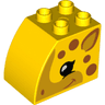 Duplo, Brick 2 x 3 x 2 Slope Curved with Black Eye, Bright Light Orange Snout and Ear, and Dark Orange Spots and Smile, Giraffe Head Pattern on Both Sides