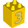 Duplo, Brick 2 x 2 x 2 with Bright Light Yellow Number 3 with Bright Light Orange Outline Pattern