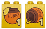 Duplo, Brick 2 x 2 x 2 with Bright Light Yellow Number 1 and Orange and Reddish Brown Honey Pot with 'HUNNY' Standing / Lying on Side Pattern