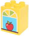 Duplo, Brick 2 x 2 x 2 with White and Lime Window, Reddish Brown Sill, Red Apple and Medium Azure Sky Pattern
