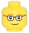 Minifigure, Head Dark Red Thin Eyebrows, Black Rectangular Glasses with White Lenses, Grin Pattern