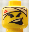 Minifigure, Head Black Thick Eyebrows, White Head Bandage with Red Streaks, Dimple, Wide Lopsided Open Mouth with Top Teeth Pattern