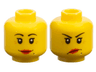 Minifigure, Head Dual Sided Female Black Thin Eyebrows, Single Eyelashes, Beauty Mark, Red Lips, Medium Nougat Wrinkles, Grin / Angry Lopsided Frown Pattern