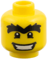 Minifigure, Head Black Bushy Thick Unibrow, Lower Eyelids, Wide Open Mouth Smile with Teeth Pattern