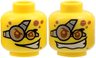 Minifigure, Head Dual Sided Reddish Brown Eyebrows, Eyes and Spots, Light Bluish Gray Goggles with Bright Light Orange Lenses, Angry Smirk / Wide Open Mouth Smile with Teeth Pattern