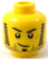 Minifigure, Head Black Eyebrows, Sideburns and Soul Patch, Dark Bluish Gray Beard Stubble, Orange Scar, Smirk Pattern