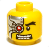 Minifigure, Head Black Bushy Eyebrow, Cyborg Mechanical Right Red Eye with Silver Metal Plates and Rivets, Angry Bared Teeth Pattern