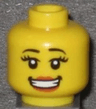 Minifigure, Head Female with Black Eyebrows, Large Eyelashes, Dark Orange Lips, Open Mouth Smile with Teeth and Dimples Pattern