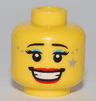 Minifigure, Head Female with Thin Eyebrows, Eyelashes, Light Blue Eye Shadow, Open Mouth Smile Teeth, Red Lips, Gray Star Pattern