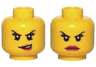 Minifigure, Head Dual Sided Female Black Thin Eyebrows, Eyelashes, Medium Lavender Eye Shadow, Magenta Lips, Lower Eyelids and Lopsided Open Mouth Smirk with Teeth / Angry Frown Pattern