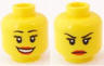 Minifigure, Head Dual Sided Female Black Thin Eyebrows, Eyelashes, Red Lips, Open Mouth Smile with Teeth / Angry Frown Pattern