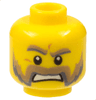 Minifigure, Head Dark Tan and Dark Bluish Gray Thick Eyebrows, Moustache and Mutton Chops, Medium Nougat Wrinkles, Angry Open Mouth Scowl with Teeth Pattern