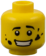 Minifigure, Head Black Eyebrows, White Pupils, Dirt Stains, Open Mouth Smile with Teeth Pattern