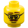 Minifigure, Head Male Dark Brown Eyebrows and Moustache, Left Raised Eyebrow, Black Glasses, Neutral Pattern