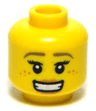 Minifigure, Head Female Dark Tan Eyebrows, Freckles, Eyeleashes, Peach Lips, Open Mouth Smile Pattern