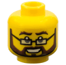 Minifigure, Head Dark Brown Bushy Eyebrows, Full Beard and Moustache, Black Rectangular Glasses, Open Mouth Smile with Teeth Pattern