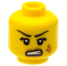 Minifigure, Head Female Dark Brown Long Thin Eyebrows, Black Thick Single Eyelashes, Dark Tan Lips, Dark Orange Scuff Mark, Angry Lopsided Open Mouth with Teeth Pattern