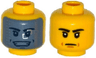 Minifigure, Head Dual Sided Black Eyebrows, Mouth Lines / Dark Bluish Gray Visor with Silver Squares, Open Smile with Teeth Pattern
