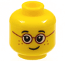 Minifigure, Head Child Black Eyebrows, Single Eyelashes, Glasses with Red Round Frames, Freckles, Lopsided Grin Pattern