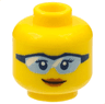 Minifigure, Head Female Dark Blue Eyes and Eyelashes, Safety Glasses with Bright Light Blue Lenses and White Reflections, Dark Orange Lips, Slight Lopsided Grin Pattern