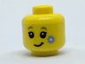 Minifigure, Head Child with Dark Tan Eyebrows, Black Eyes and Eyelashes, Lopsided Grin, Bright Light Blue Flower on Cheek Pattern