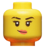 Minifigure, Head Female Black Eyebrows with Gap in Right Eyebrow, Lopsided Smile with Coral Lips Pattern