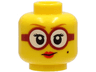Minifigure, Head Female Dark Orange Eyebrows, Glasses Round with White Lenses and Dark Red Frames, Beauty Mark, Red Lips, Smile Pattern