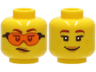 Minifigure, Head Dual Sided Female, Reddish Brown Eyebrows, Orange Safety Glasses, Medium Nougat Lips, Scowl / Smile with Freckles Pattern