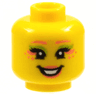 Minifigure, Head Female Coral Eyebrows, Dots and Lips, Black Eyelashes, Lower Eyelids, Lime Eye Shadow, Open Mouth Smile with Teeth Pattern
