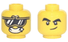 Minifigure, Head Dual Sided Gold Trim Sunglasses with Reflections, Open Mouth Grin with Sparkle / Black Thick Eyebrows, Smirk Pattern