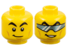 Minifigure, Head Dual Sided Black Arched Eyebrows, Cheek Lines and Chin Dimple, Lopsided Grin / Metallic Light Blue Glasses (Visor) Pattern