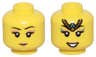 Minifigure, Head Dual Sided Female Thin Black Eyebrows, Nougat Eye Shadow and Lips, Smile / Gold Tiara and Dark Turquoise Highlights Pattern