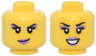 Minifigure, Head Dual Sided Female Black Eyebrows and Eyelashes, Metallic Pink Eye Shadow, Medium Lavender Lips, Smirk / Open Mouth Smile with Teeth Pattern
