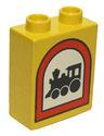 Duplo, Brick 1 x 2 x 2 with Black Train Locomotive on White Background in Red Arch Road Sign Pattern