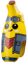 Minifigure, Head, Modified Peeled Banana with Face, Black Eyes, White Spots, Sand Blue Goggles and Jacket with Silver Zipper, Red Bandana, Reddish Brown Top and Blue Belt with 'NANA' on Buckle Pattern
