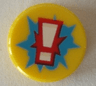 Tile, Round 1 x 1 with White Exclamation Mark on Red and Dark Azure Starburst Explosion Pattern