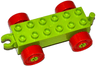 Duplo Car Base 2 x 6 with Open Hitch End and Red Wheels with Fake Bolts