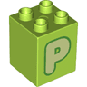 Duplo, Brick 2 x 2 x 2 with Yellowish Green Capital Letter P with Green Outline Pattern
