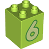 Duplo, Brick 2 x 2 x 2 with Yellowish Green Number 6 with Green Outline Pattern