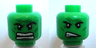 Minifigure, Head Dual Sided Alien with Black Thick Eyebrows, Dark Green Cheek Lines, Chin Dimple and Wrinkles, Furrowed Brow, Angry Open Mouth with Teeth Parted / Scowl Pattern