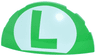Brick, Round 3 x 6 x 1 Dome Half with Super Mario Luigi Logo Capital Letter L on White Oval Pattern